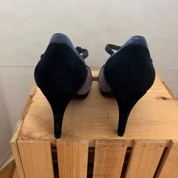 Boden Size 8 Black & Gray Suede Round Toe T-Strap Mary Jane High Heel Pumps Shoe - Picture 7 of 16